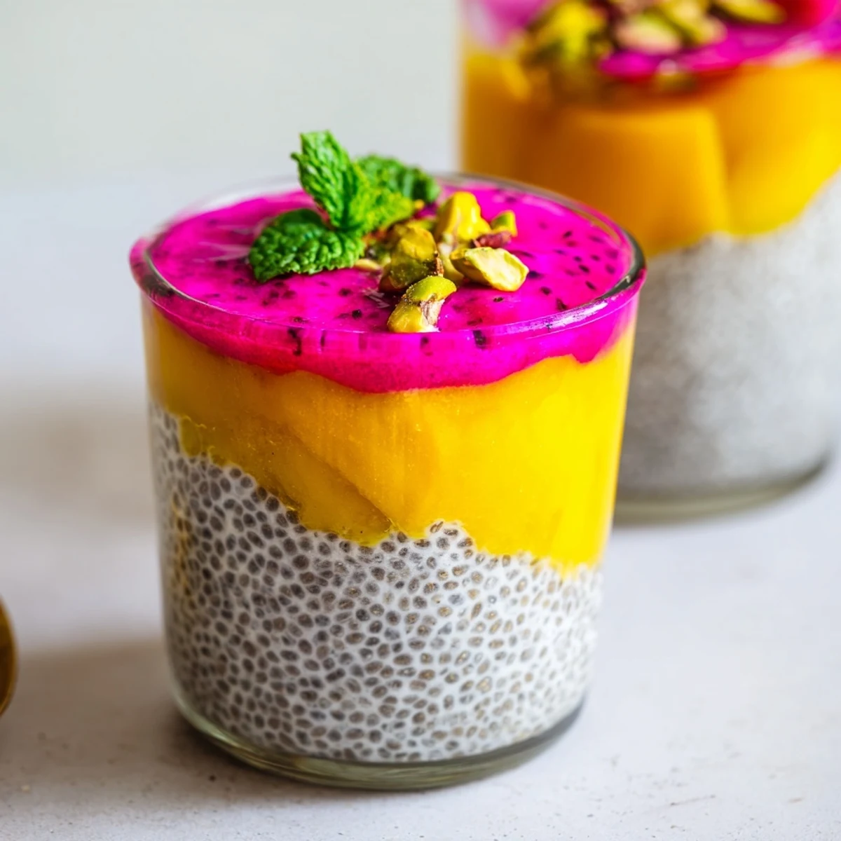 Layered glass jar showcasing vibrant mango and dragon fruit chia pudding with creamy coconut milk base