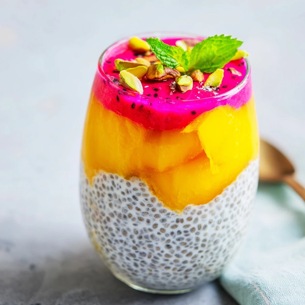 Close-up of swirled mango and dragon fruit chia pudding layers in clear serving glass with toasted coconut
