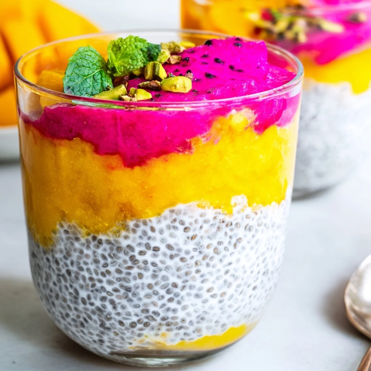 Colorful breakfast bowl of tropical mango and dragon fruit chia pudding topped with fresh mint leaves