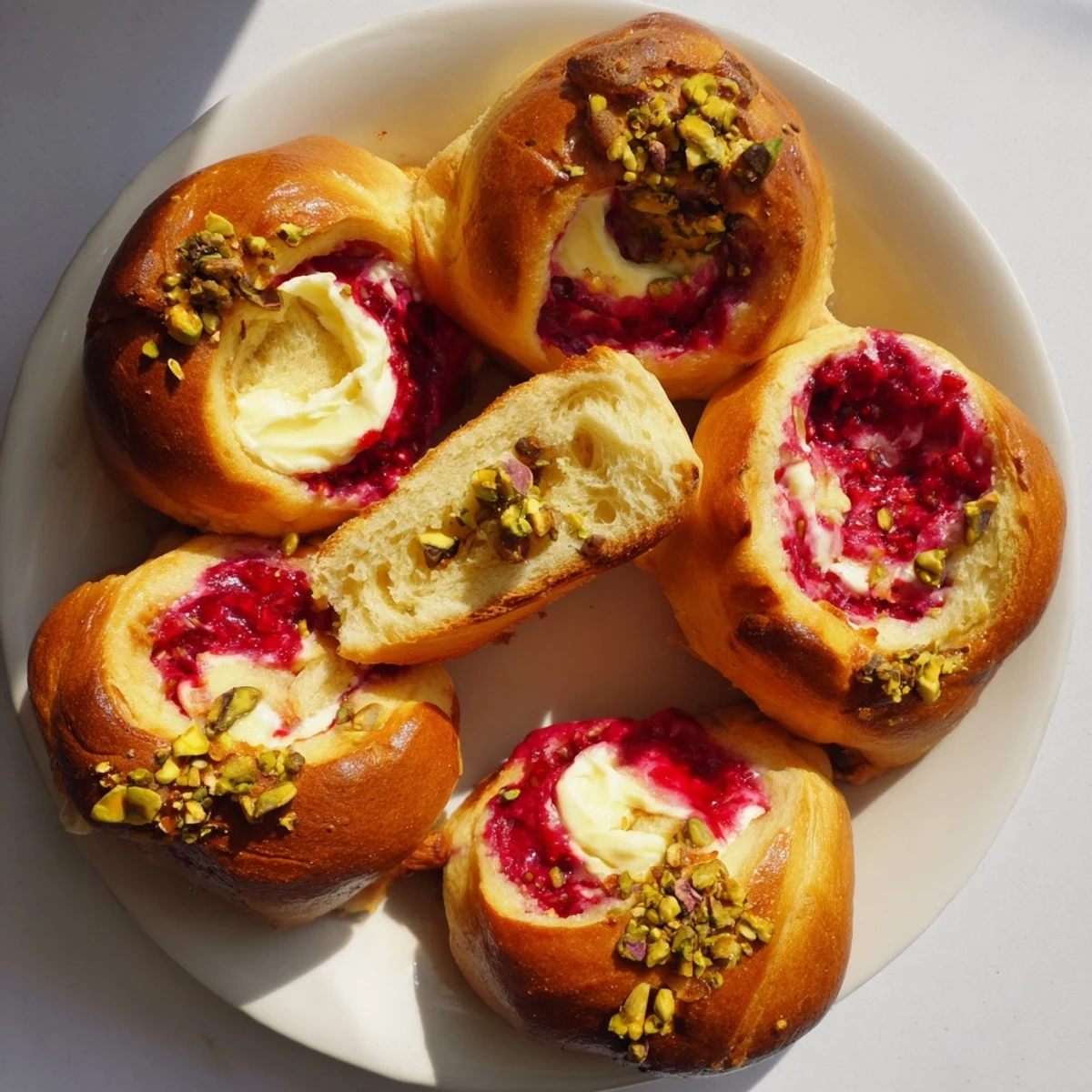 Soft pillowy raspberry and rose cheesecake buns featuring sweet raspberry compote centers nestled in fluffy golden dough