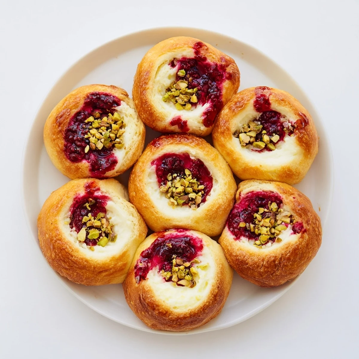 Golden raspberry and rose cheesecake buns with creamy rose-scented filling and vibrant raspberry swirls baked to perfection
