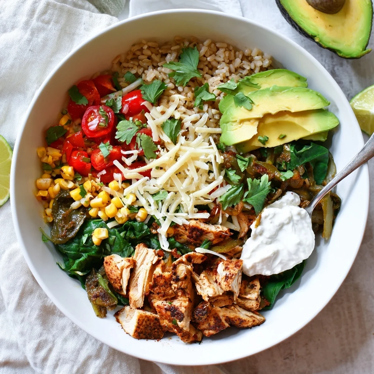 Vibrant Southwest spice green chile bowl piled with seasoned chicken, colorful vegetables, and fresh garnishes