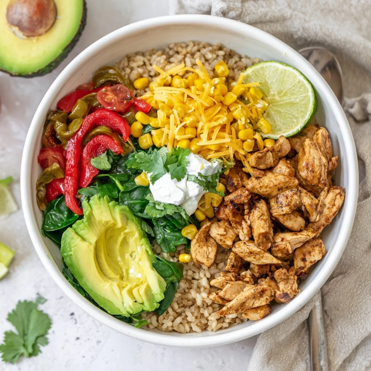 Hearty Southwest spice green chile bowl featuring tender chicken, roasted peppers, corn, and creamy avocado