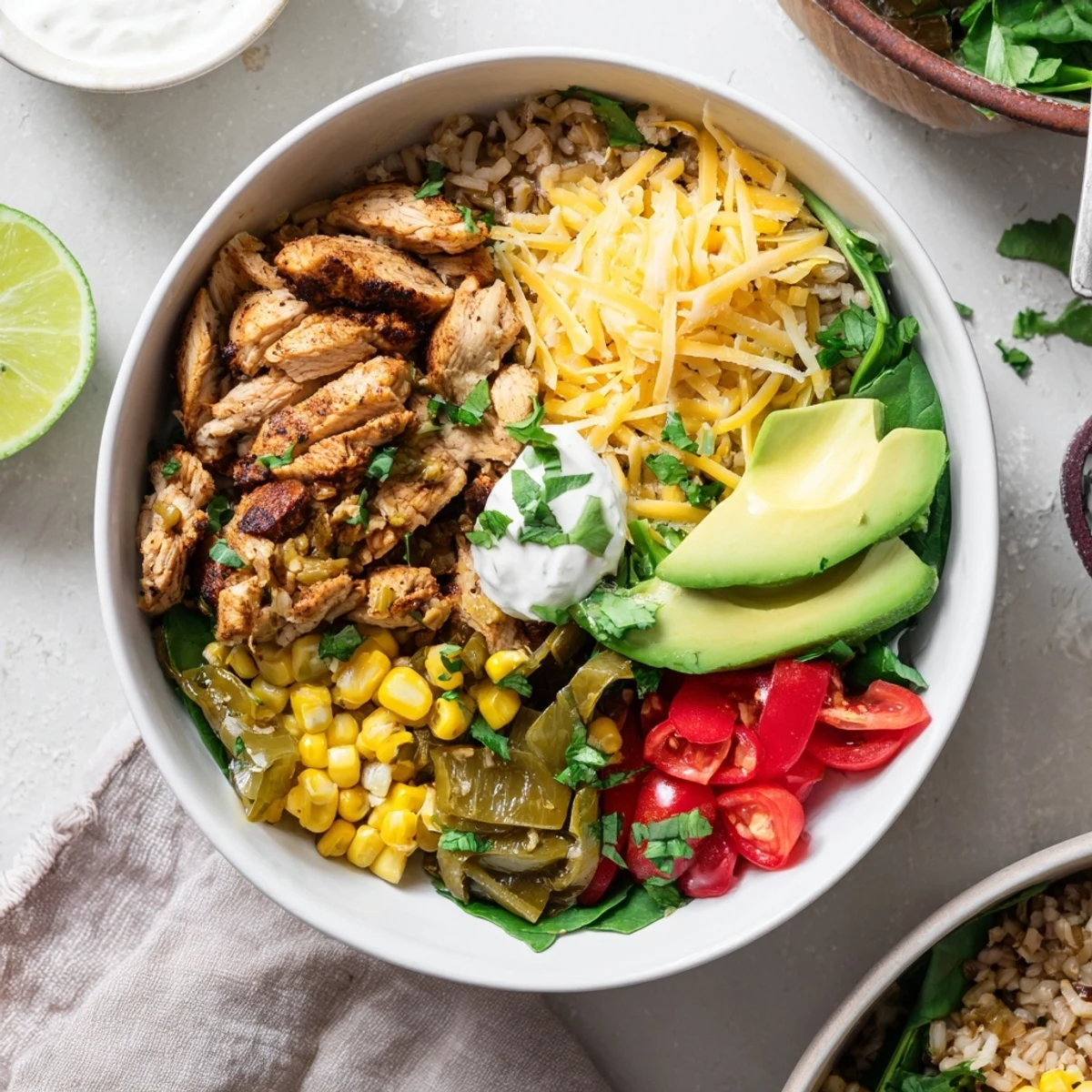 Steaming Southwest spice green chile bowl topped with melted cheese, cilantro, lime wedges, and sliced avocado