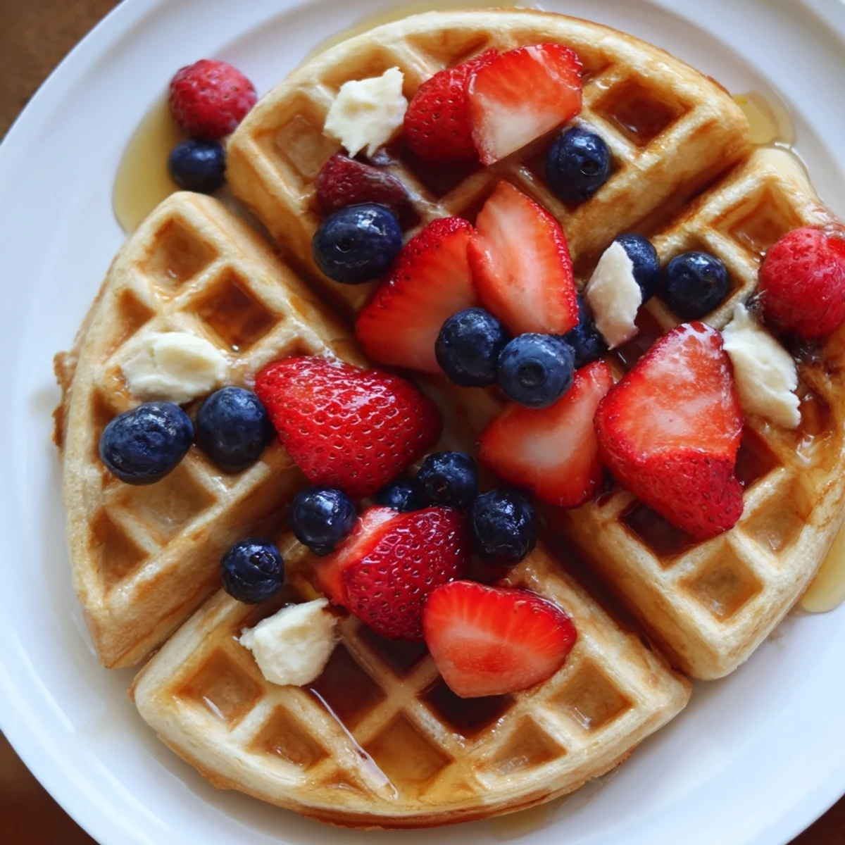 Golden brown Greek Yogurt Waffles stacked high with fresh berries and maple syrup