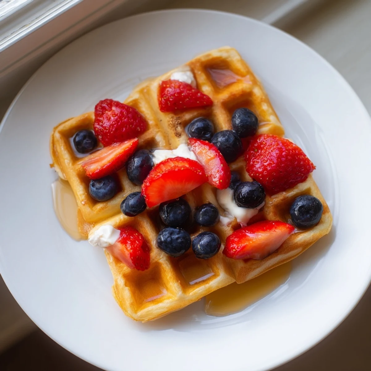 Crispy Greek Yogurt Waffles on a white plate drizzled with honey and butter