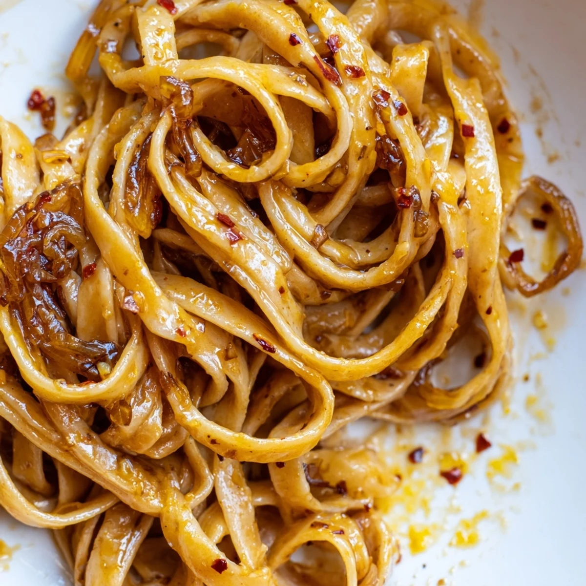 Creamy Sweet Heat Caramelized Onion Fettuccine topped with fresh parsley and Parmesan cheese
