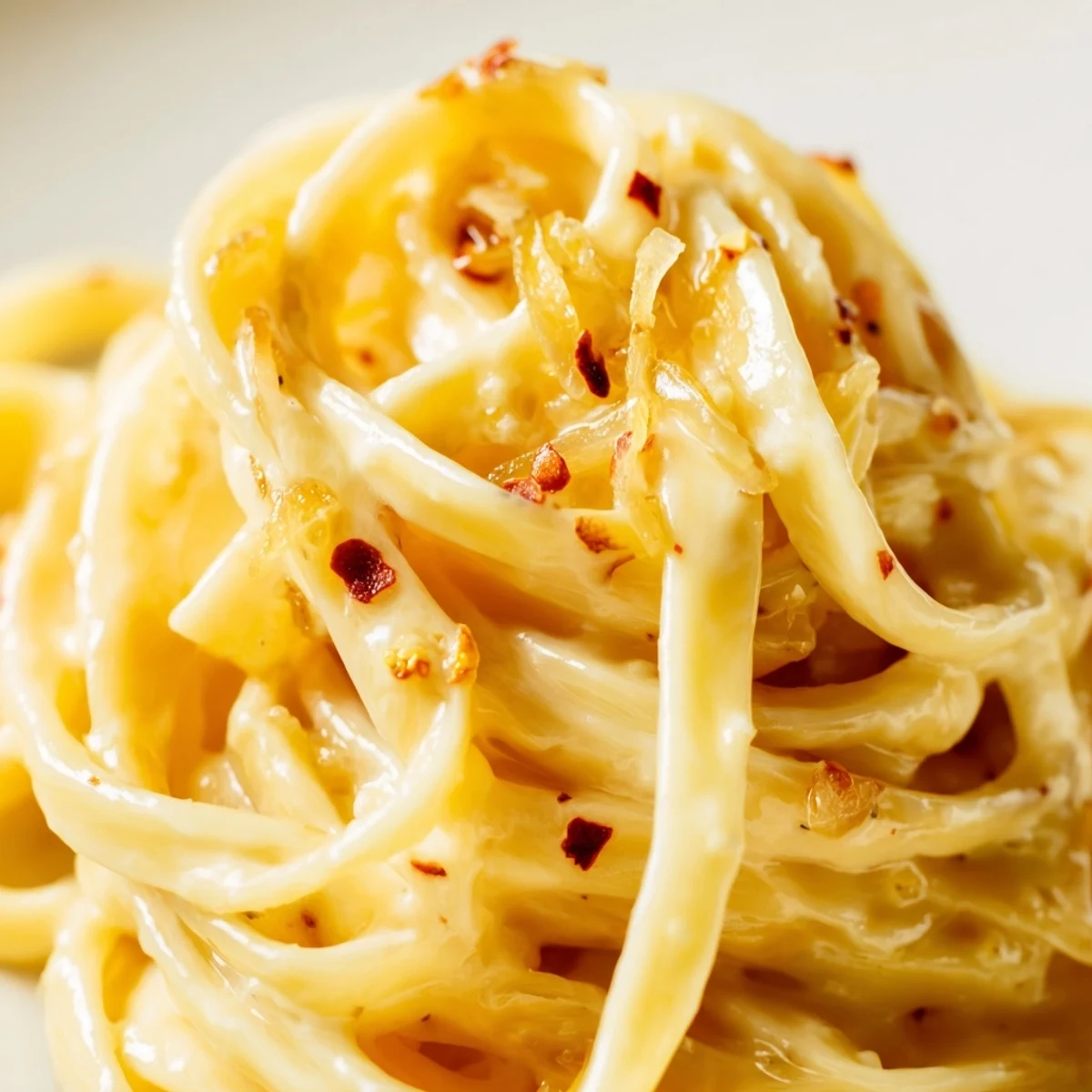 Golden caramelized onions coat Sweet Heat Caramelized Onion Fettuccine in a creamy, spicy sauce
