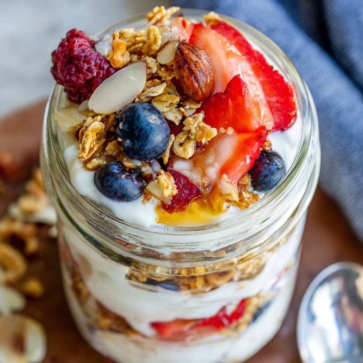 Creamy Greek yogurt parfait layered with fresh berries and golden granola in glass jar