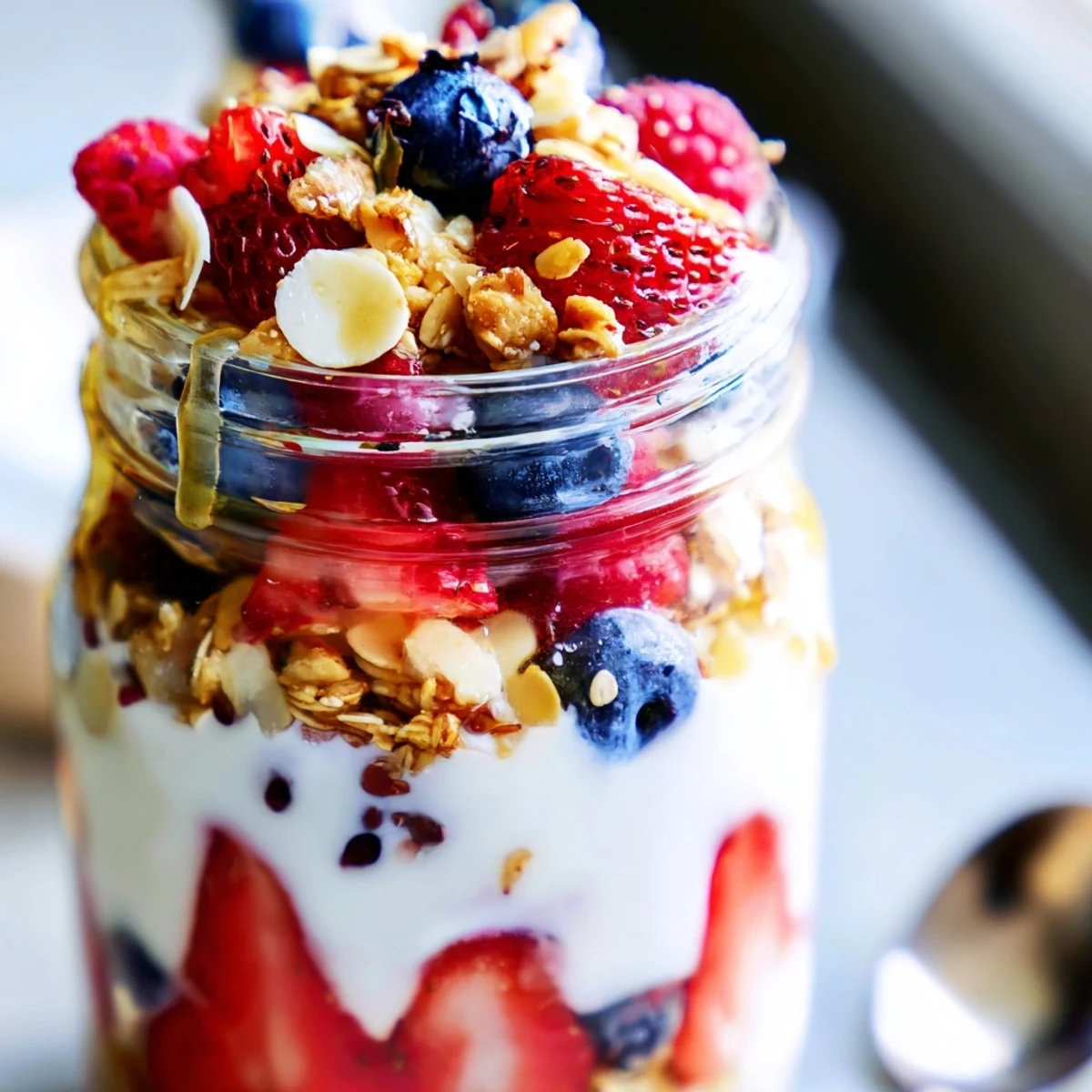 Greek yogurt parfait topped with crunchy granola and vibrant mixed berries for breakfast