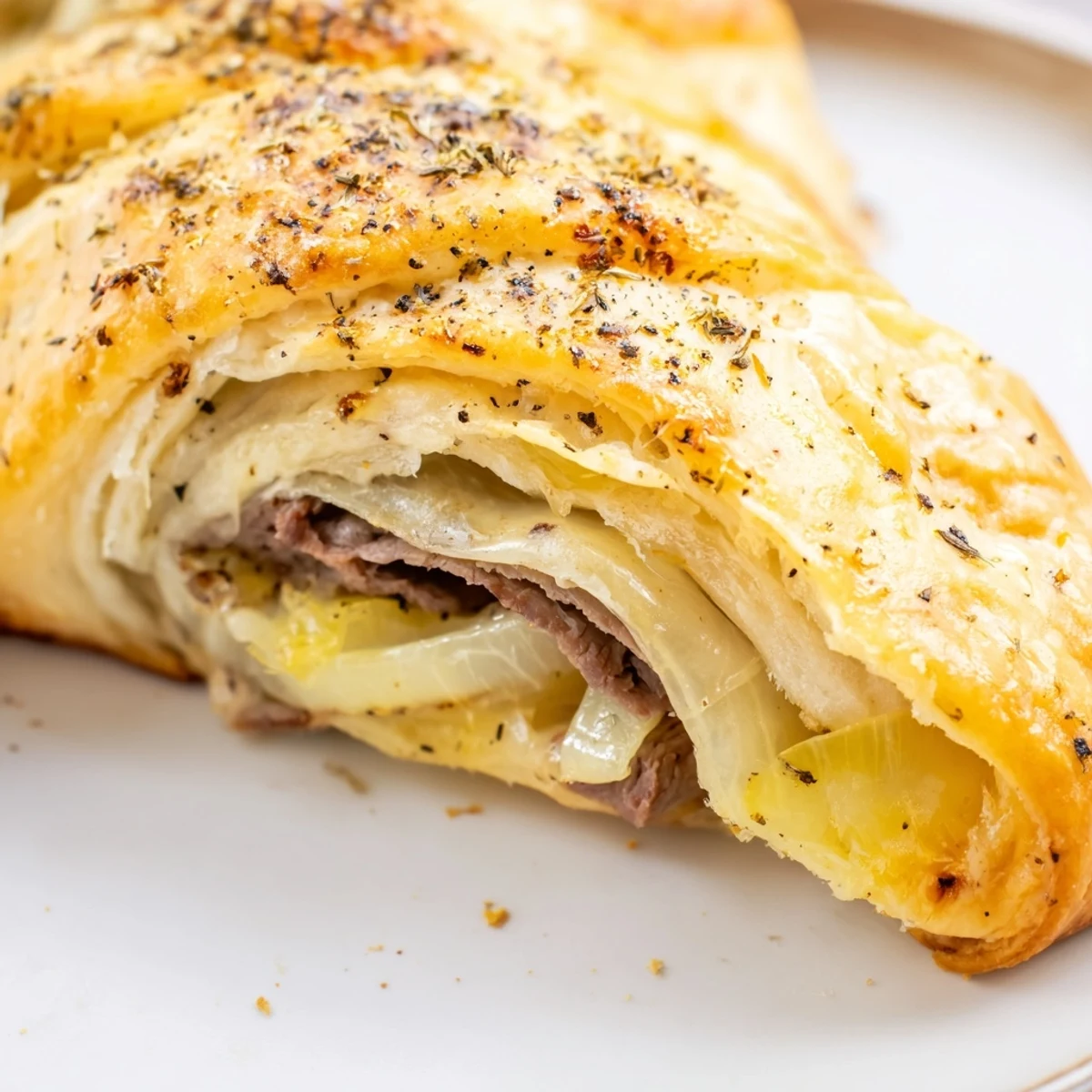 Golden Beef and Cheese French Dip Roll Ups arranged on a plate with savory dipping sauce