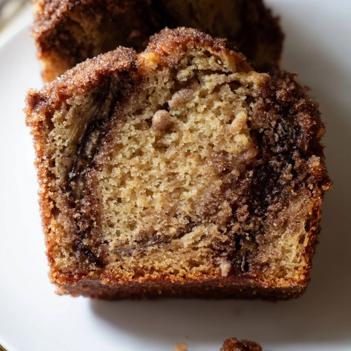 Cinnamon Sugar Swirl Banana Bread sliced thick revealing gooey cinnamon ribbons throughout moist tender crumb