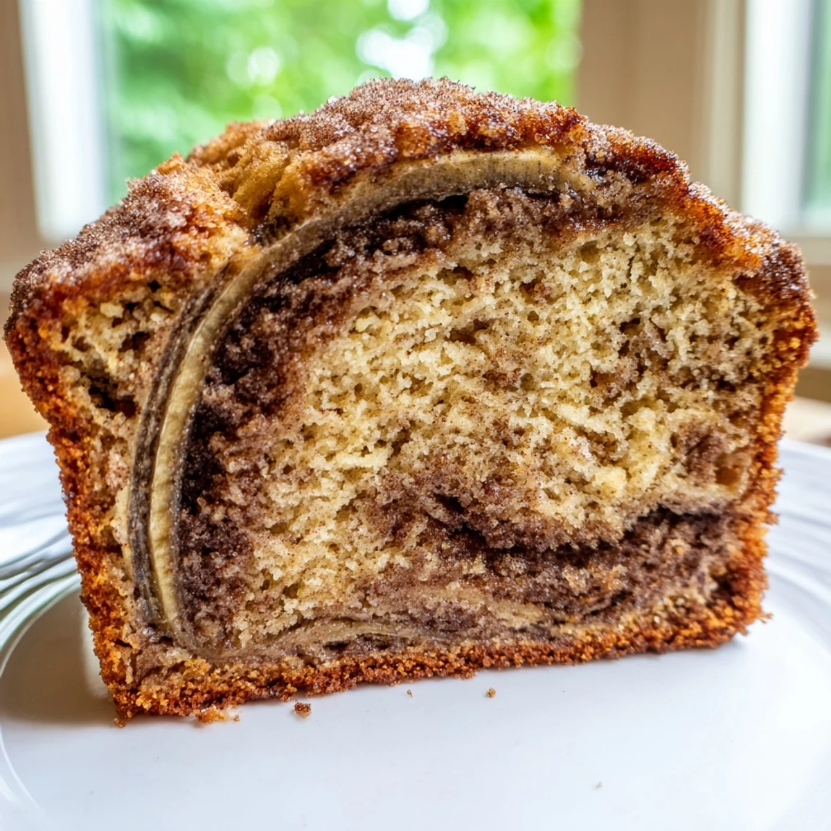 Warm Cinnamon Sugar Swirl Banana Bread with caramelized cinnamon spirals on rustic wooden cutting board