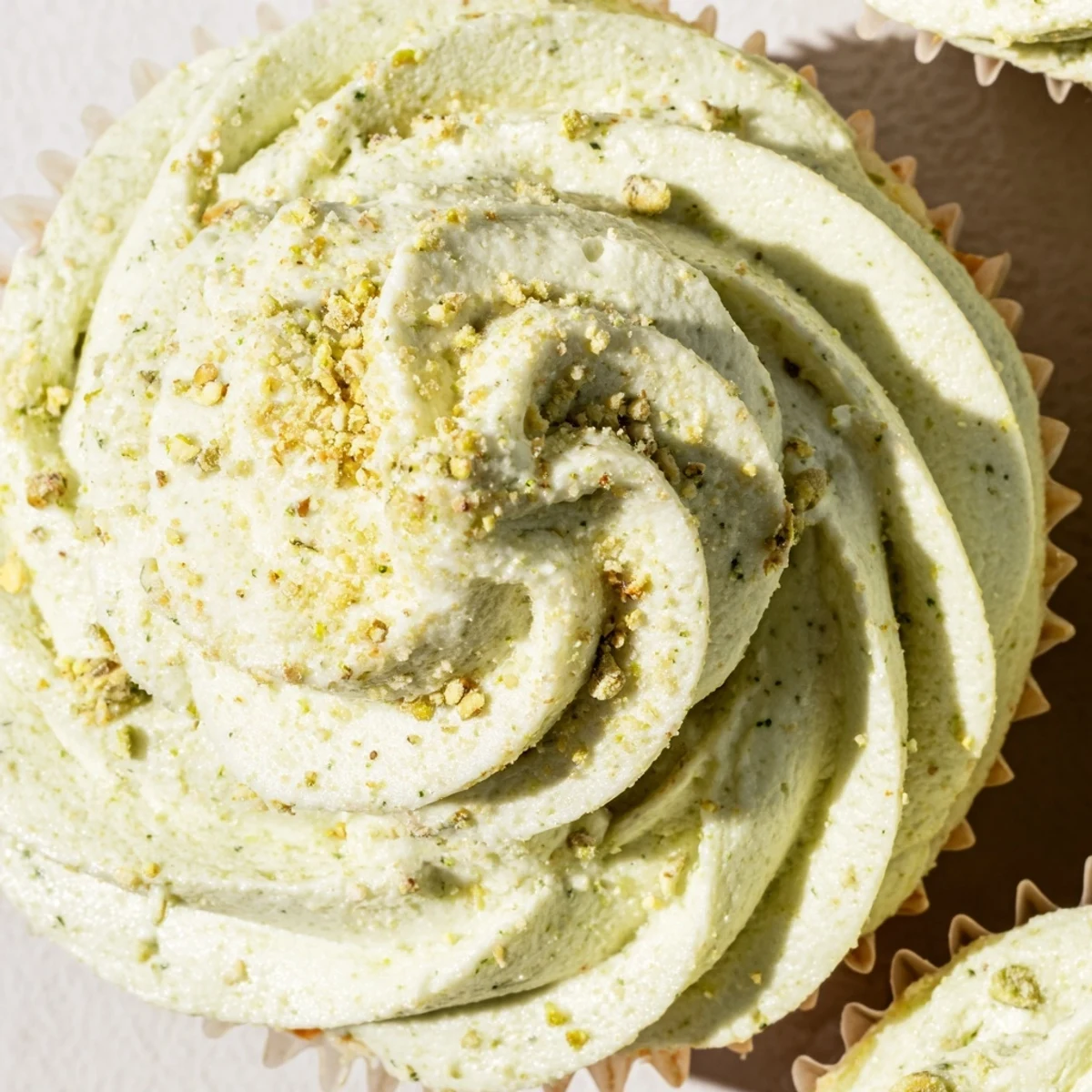 Soft pistachio cupcakes with creamy green buttercream frosting, topped with crushed nuts for a beautiful dessert.