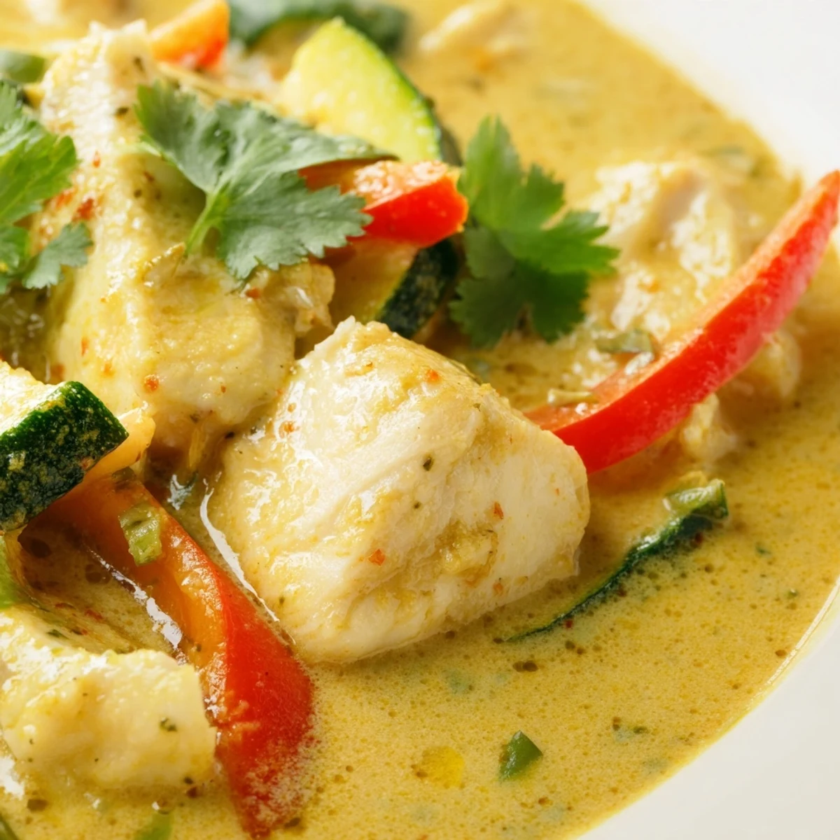 Creamy coconut white fish stew in golden broth with tender vegetables and fresh cilantro garnish