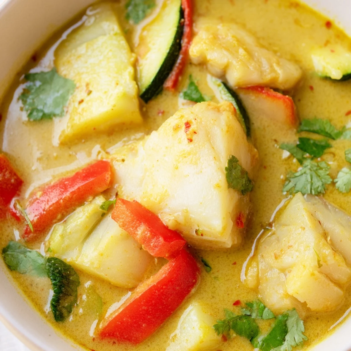 White fish chunks simmered in aromatic coconut stew with colorful bell peppers and lime wedges