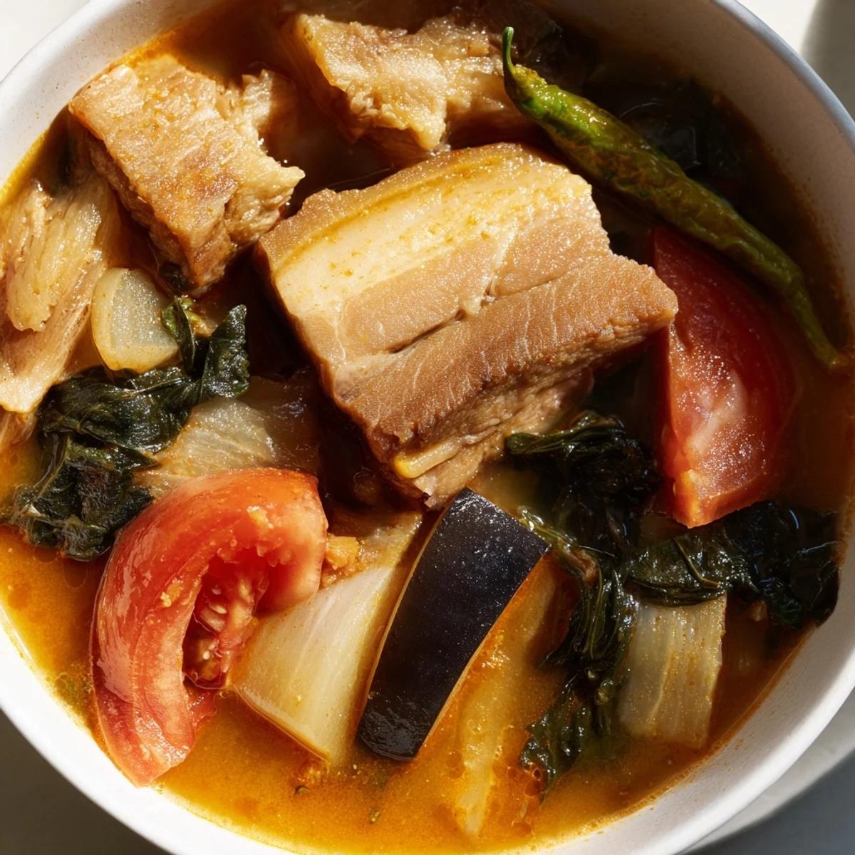 Steaming bowl of Filipino Sinigang sour soup with tender pork and fresh vegetables