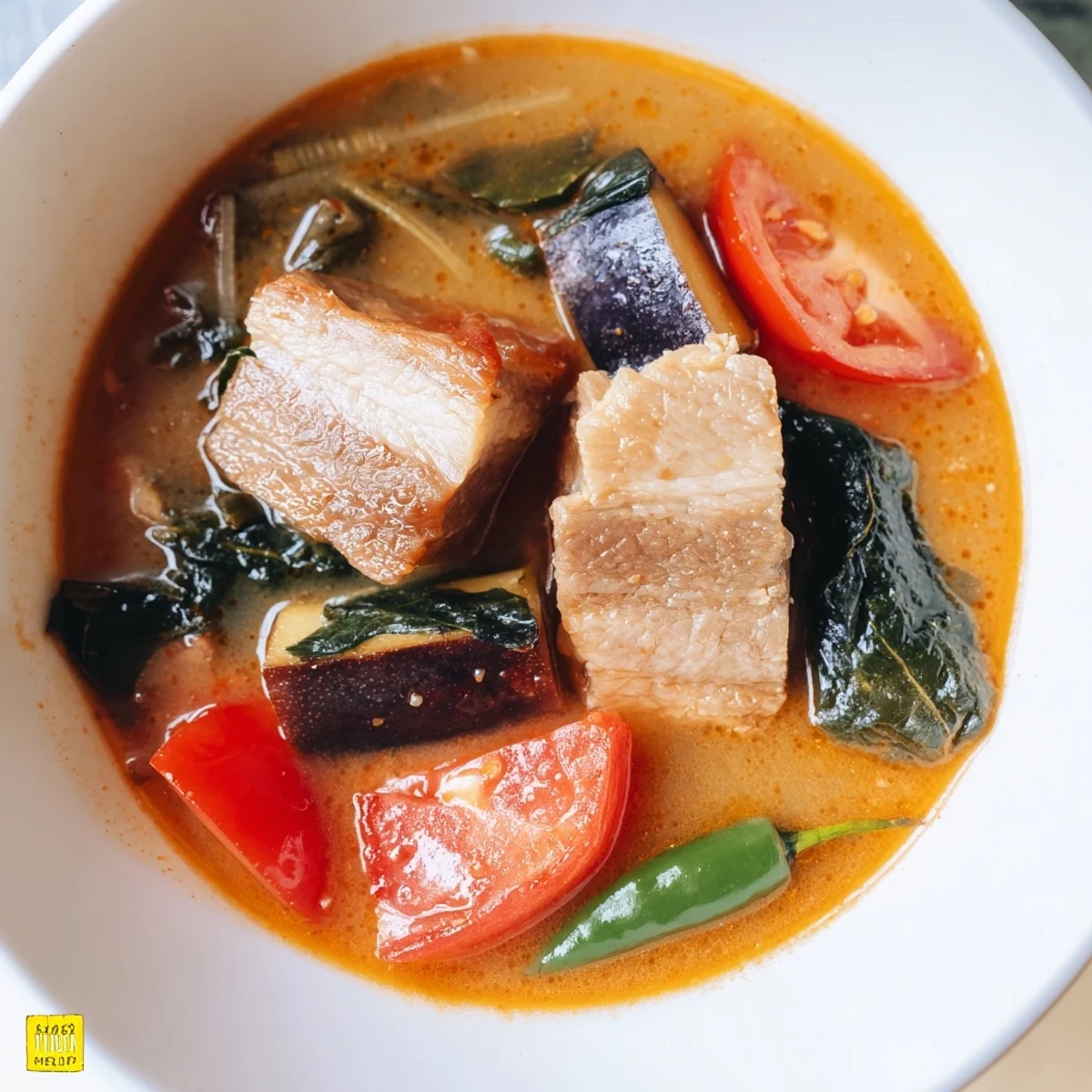 Filipino Sinigang sour soup in a white bowl with spinach and radish