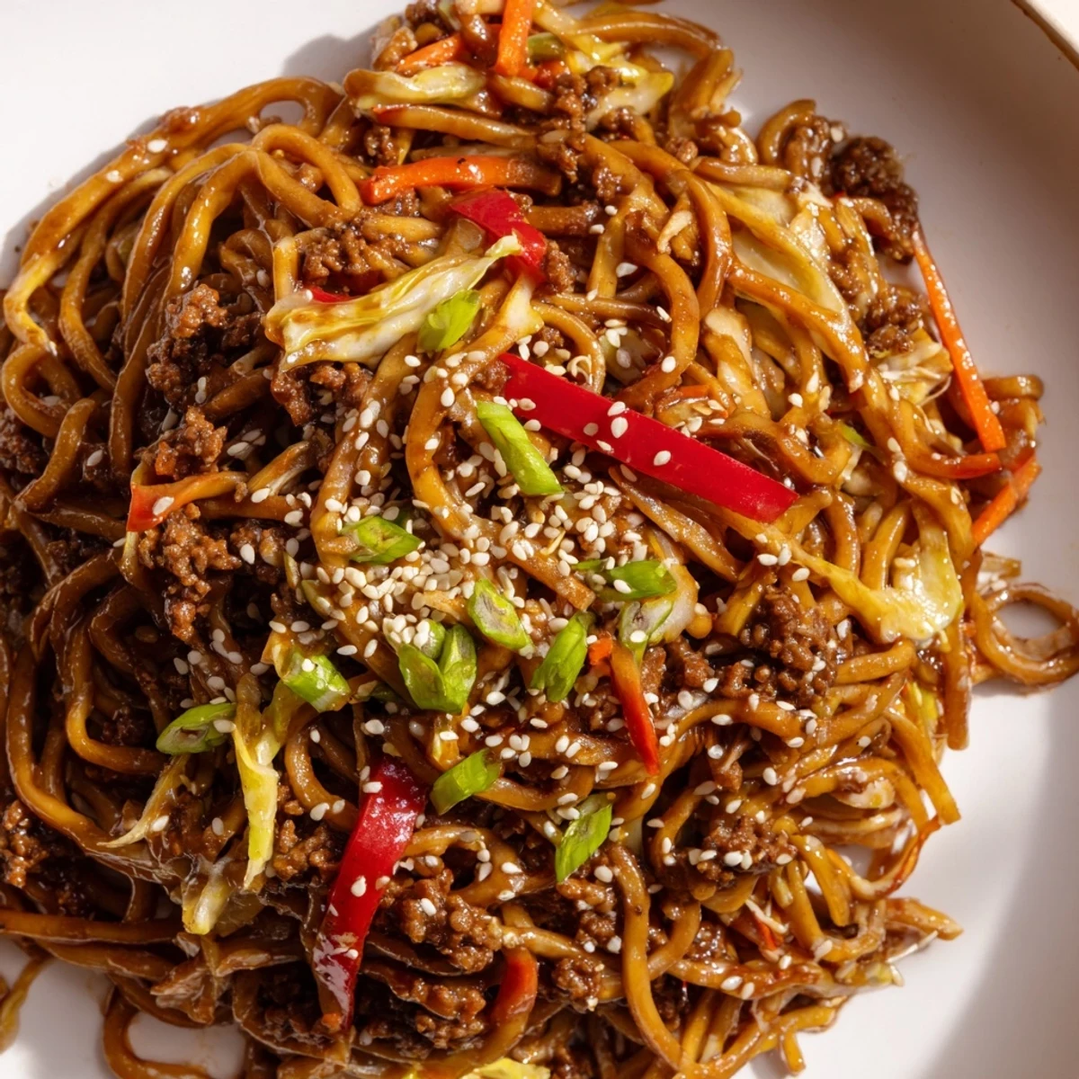 Asian ground beef noodles tossed with colorful vegetables in a rich, glossy sauce