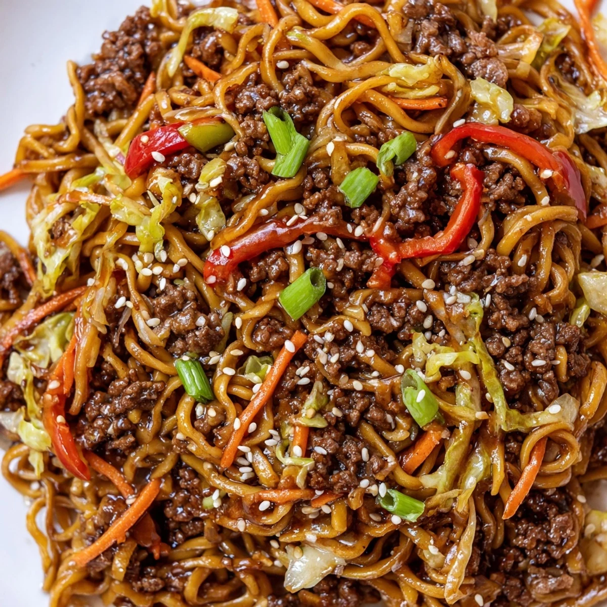 Steaming bowl of Asian ground beef noodles garnished with sesame seeds and scallions