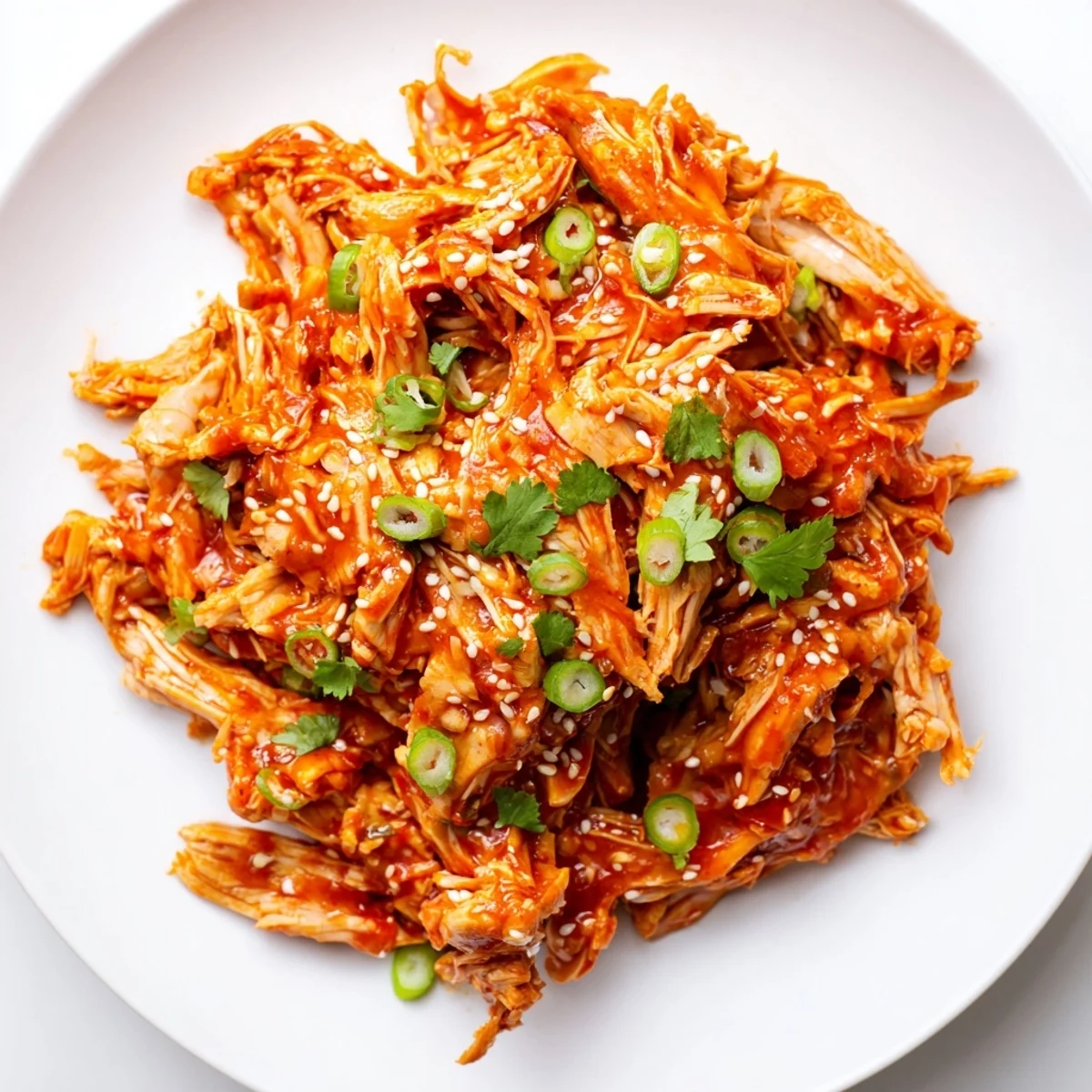 Slow Cooker Sweet Chili Chicken glazed in sticky sauce topped with sesame seeds and green onions