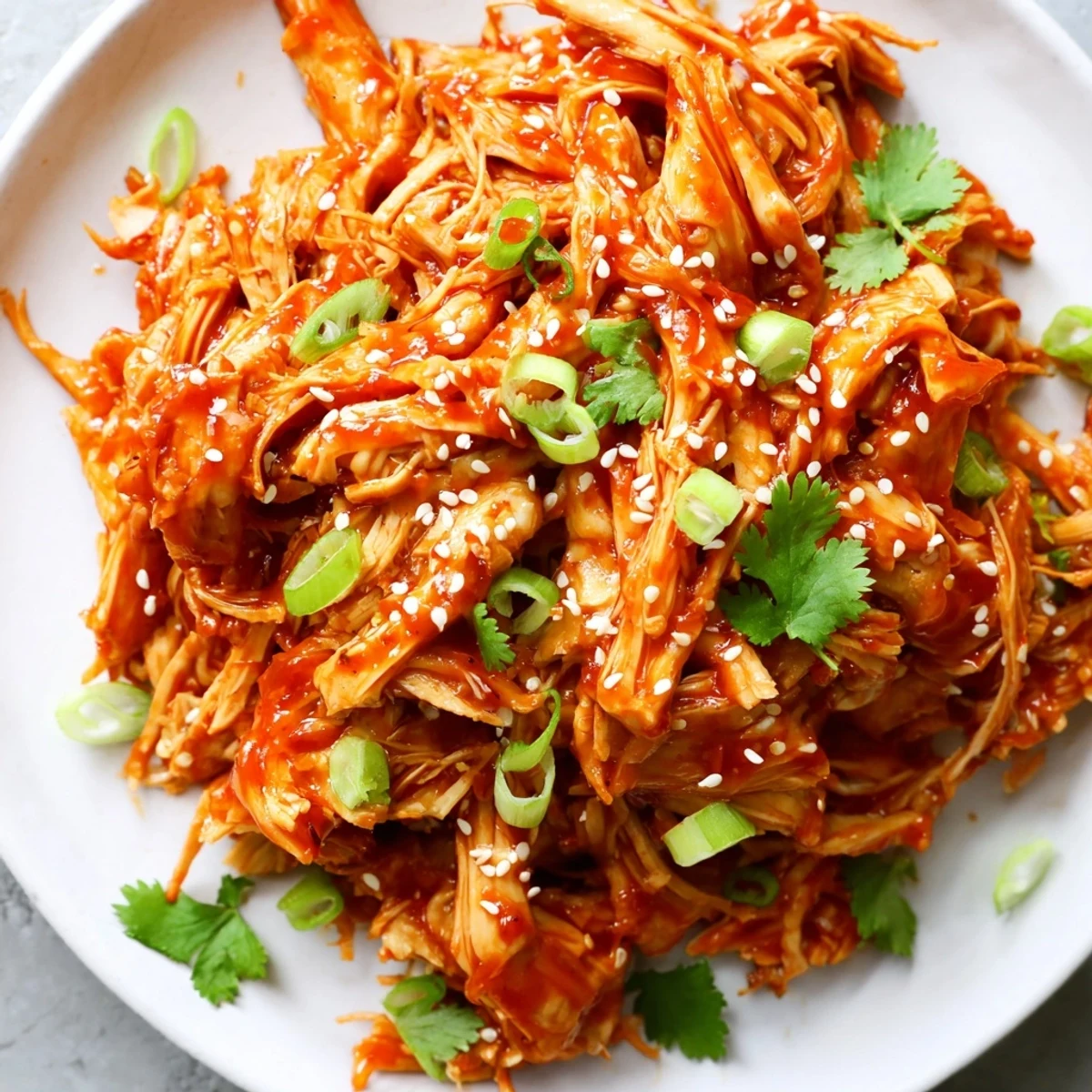 Tender shredded Slow Cooker Sweet Chili Chicken served over fluffy white rice with fresh cilantro