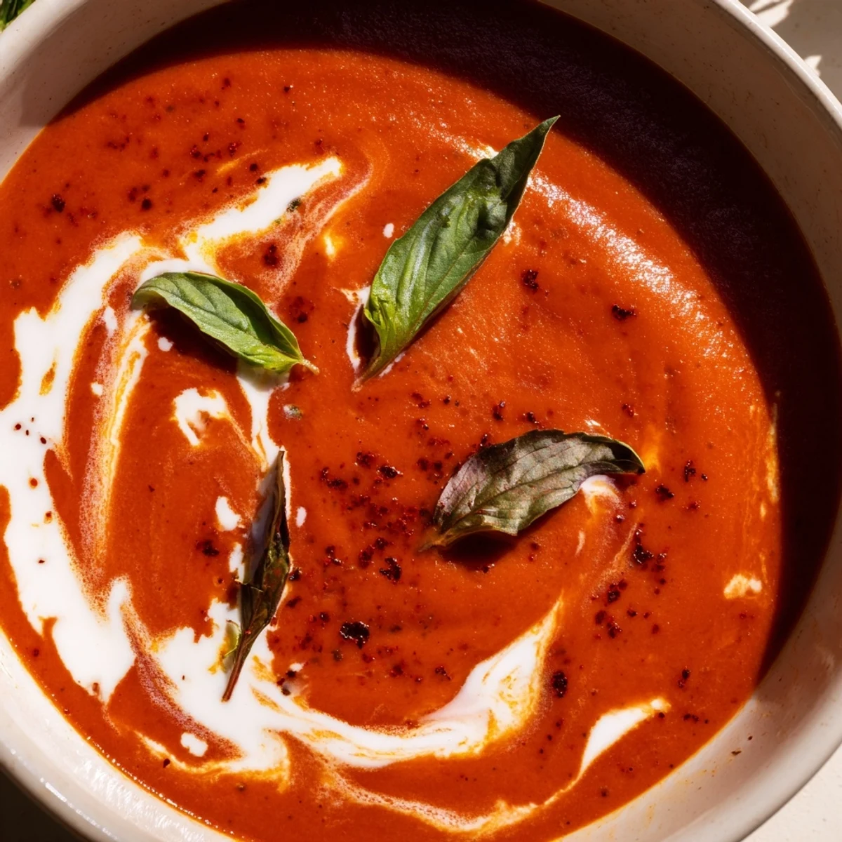 Steaming bowl of fire roasted tomato soup garnished with fresh basil leaves