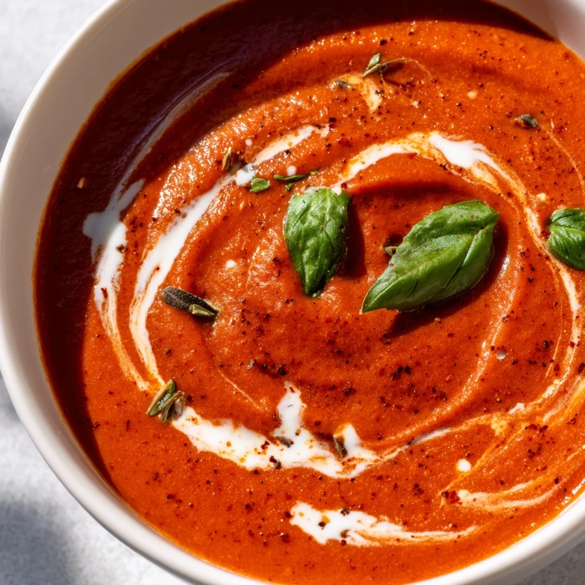 Velvety fire roasted tomato soup in white bowl with herb sprinkles on top