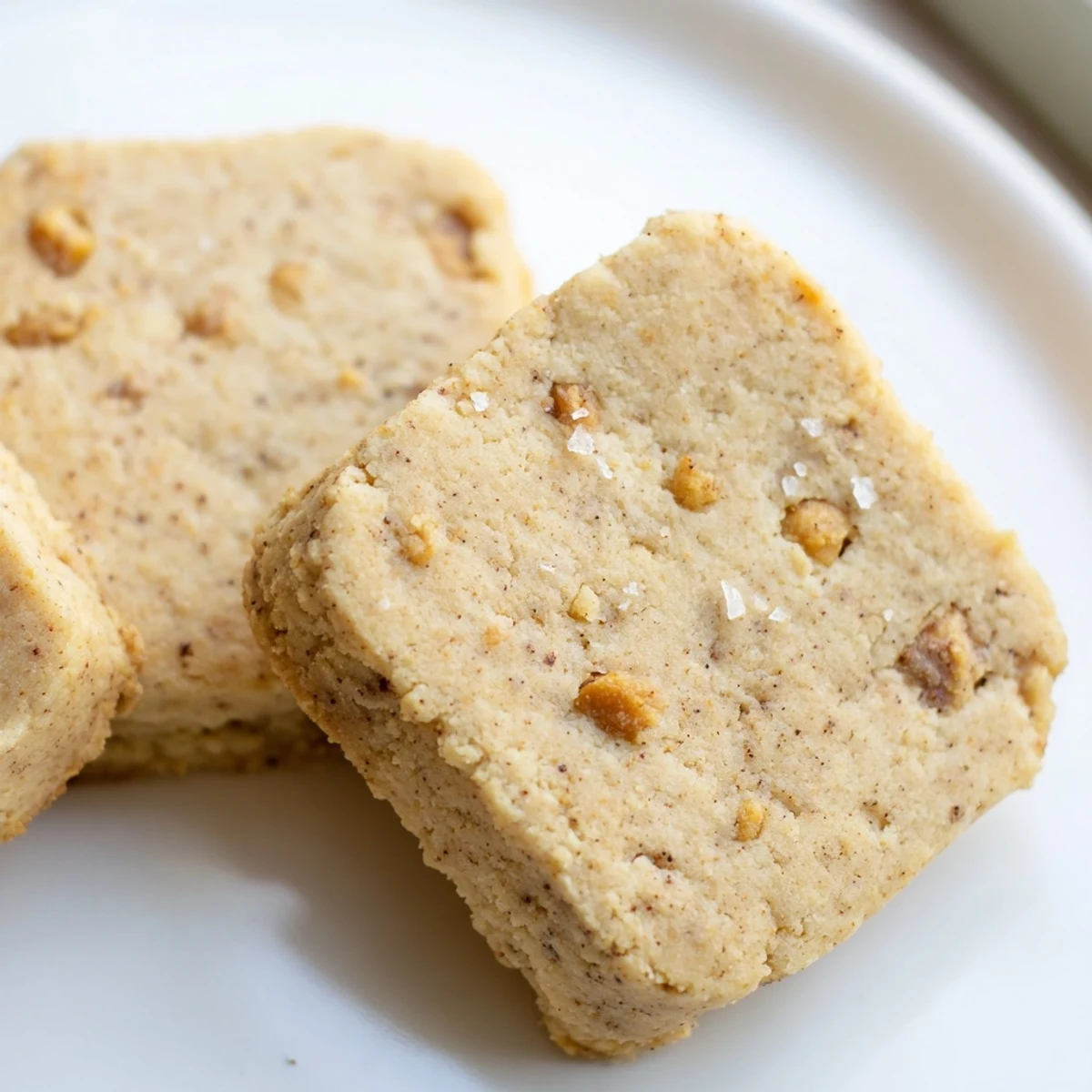 Golden espresso shortbread cookies with melted toffee chunks on a rustic wooden board