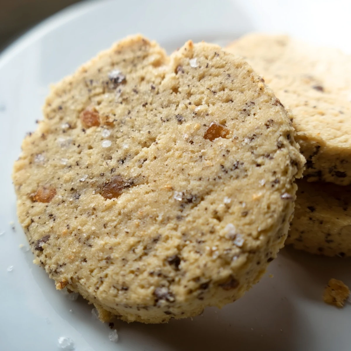 Rich espresso shortbread cookies with caramelized toffee pieces arranged beside a steaming coffee mug
