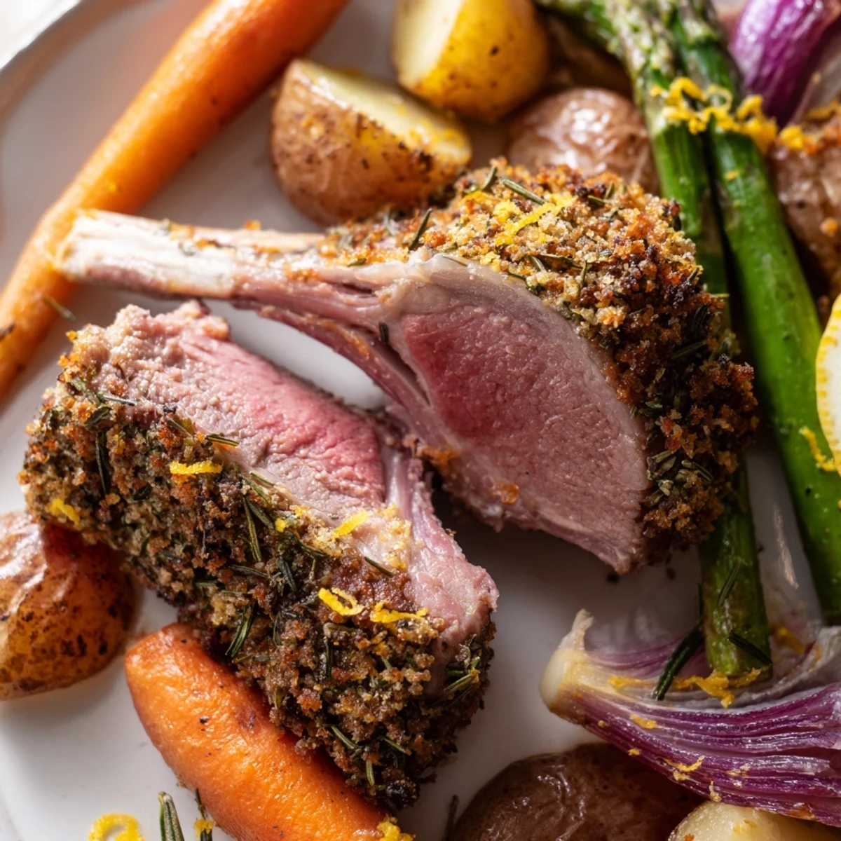 Golden herb-crusted Easter dinner on a sheet pan with roasted lamb chops and colorful vegetables