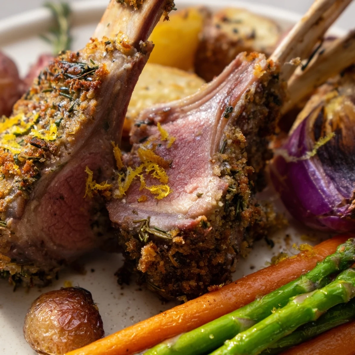 Tender lamb chops nestled among roasted potatoes and asparagus on an easy Easter sheet pan dinner