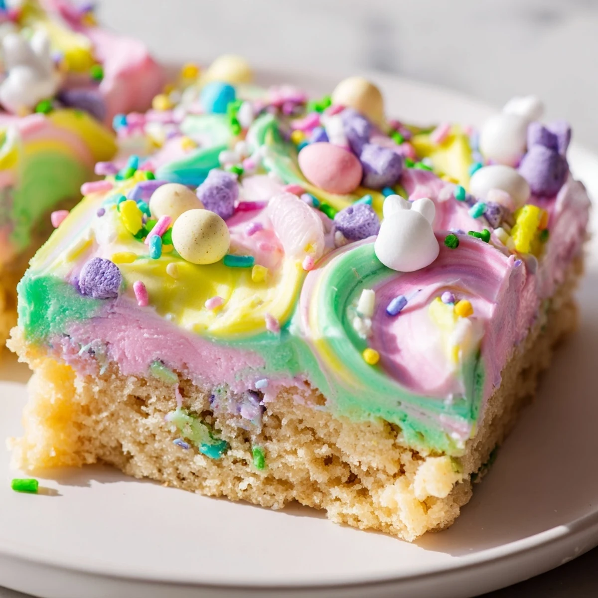 Easter sugar cookie bars with swirled pastel frosting and colorful sprinkles on a decorative plate