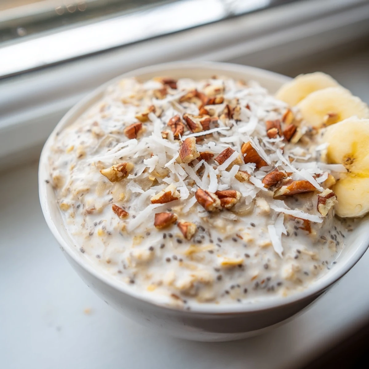 Creamy Coconut Cream Pie Overnight Oats topped with toasted coconut flakes in a glass jar