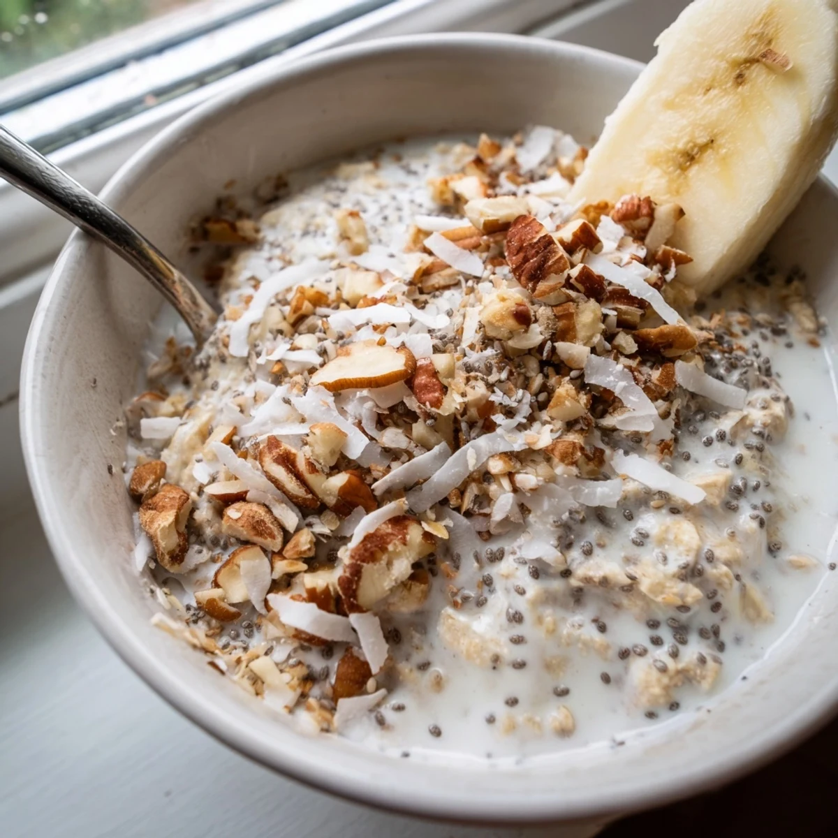 Coconut Cream Pie Overnight Oats served chilled with chopped pecans and fresh banana slices