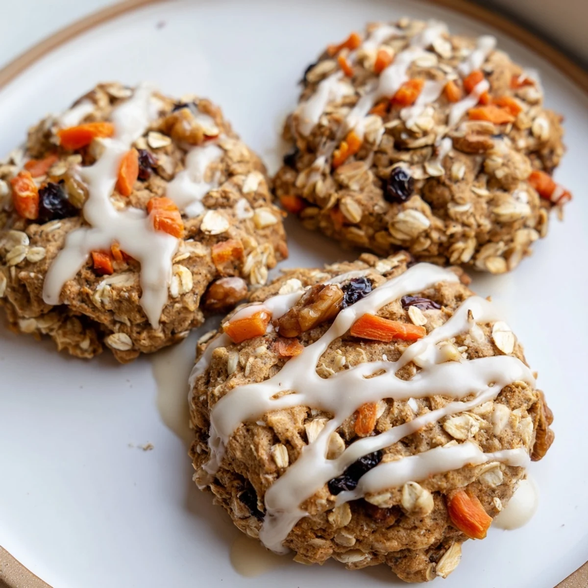 Golden chewy brown butter carrot cake cookies drizzled with cream cheese glaze on a rustic baking sheet