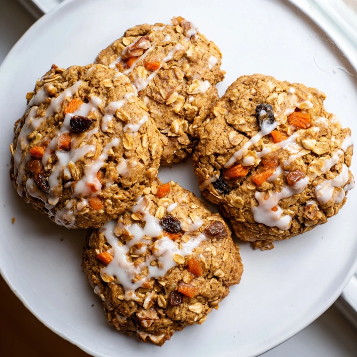 Thick chewy brown butter carrot cake cookies stacked on a wire cooling rack with specks of cinnamon