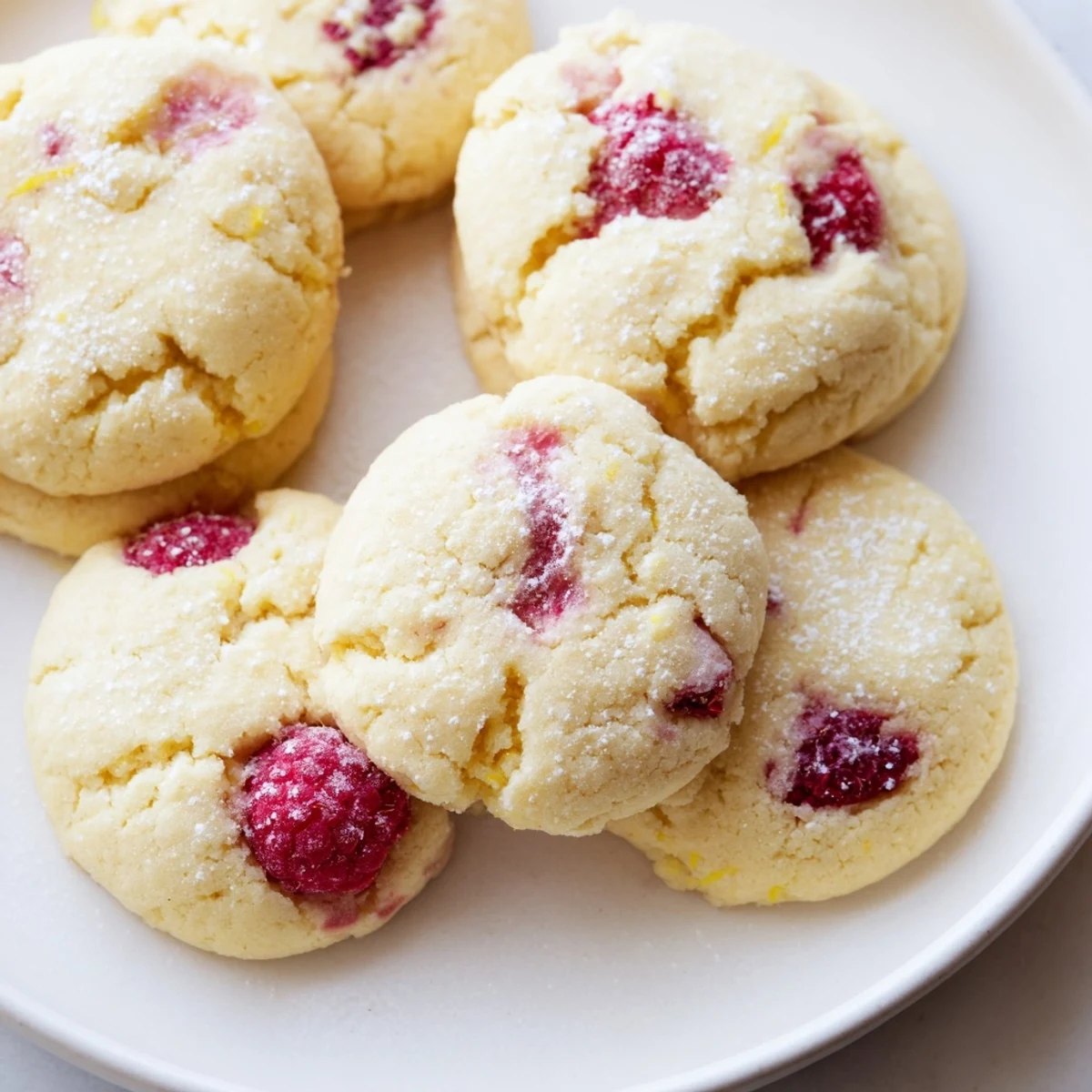Soft lemon raspberry cookies with golden edges and bright red berry pieces scattered throughout