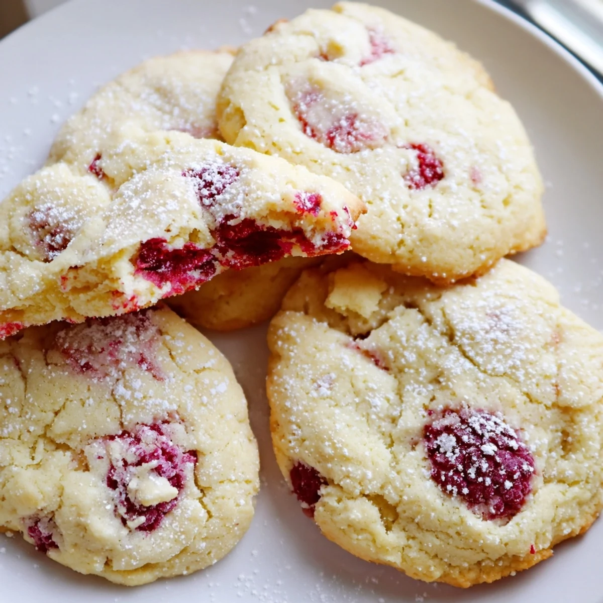 Chewy lemon raspberry cookies fresh from the oven with bits of juicy red fruit