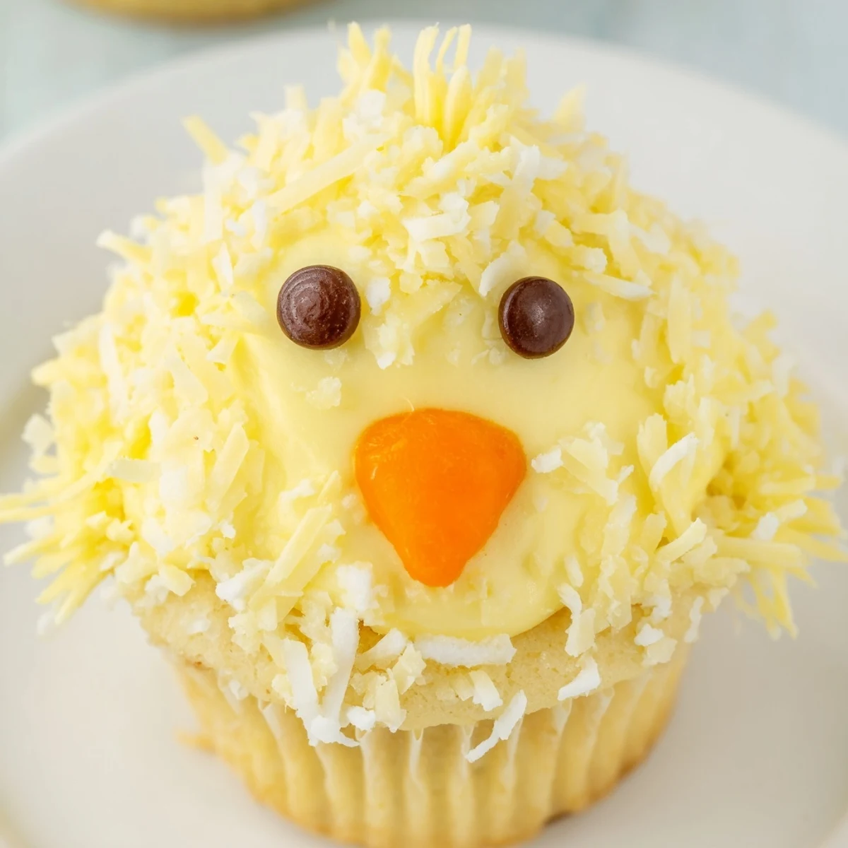 Cute Easter Chick Cupcakes decorated with chocolate chip eyes and orange candy beaks displayed together