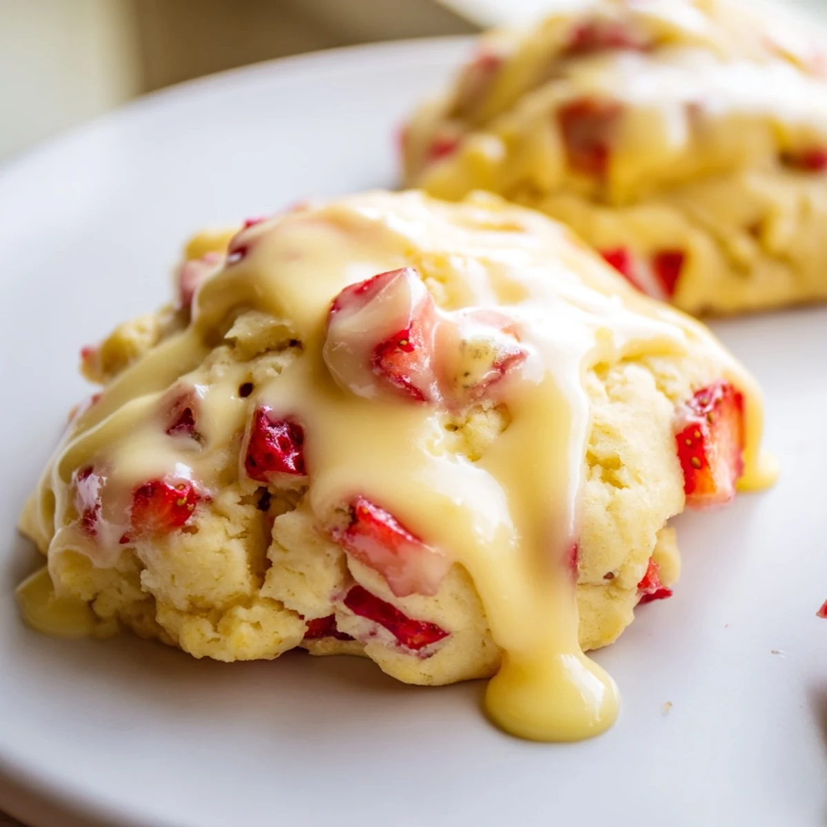 Soft strawberry lemonade cookies with pink flecks drizzled in bright citrus glaze on a rustic serving plate
