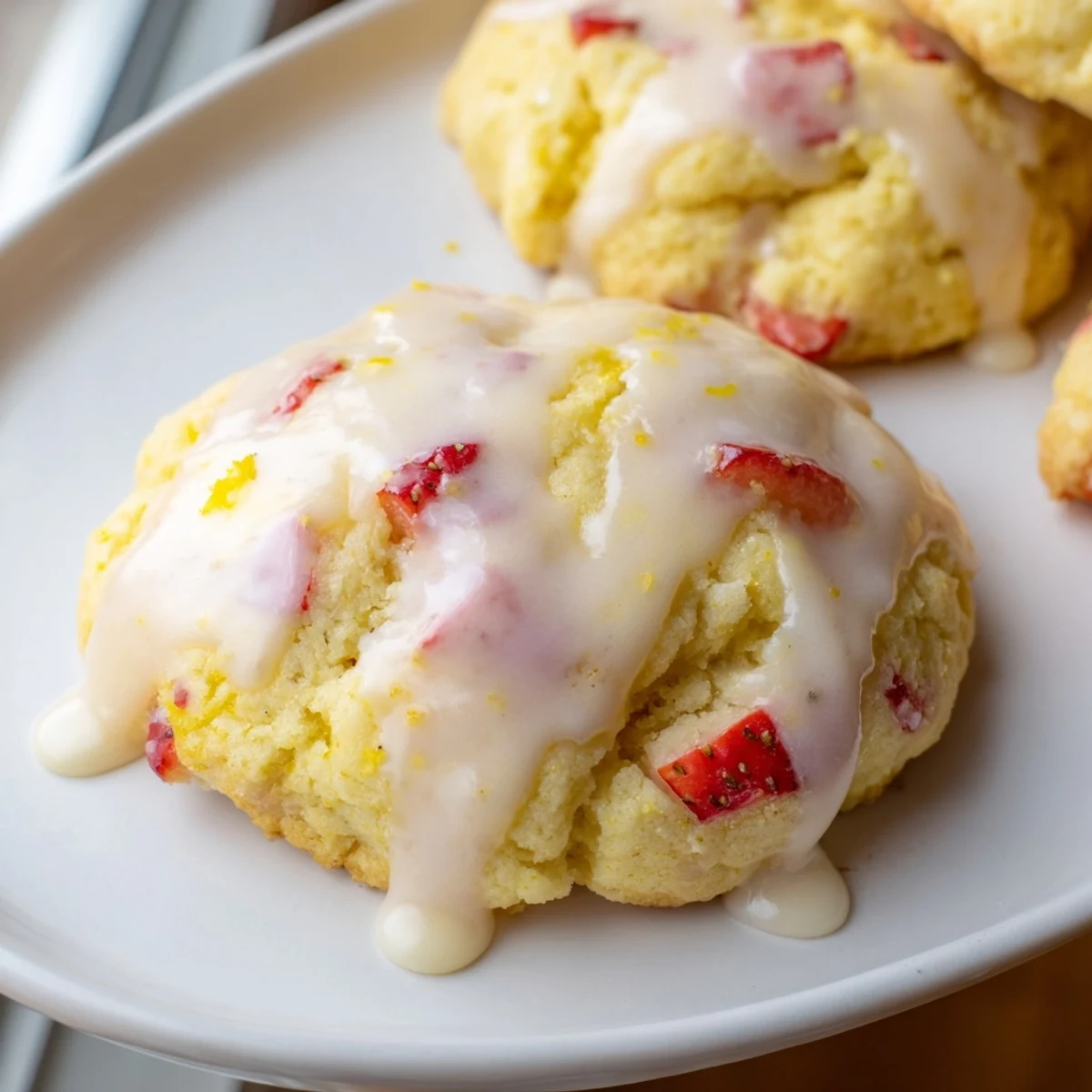 Chewy strawberry lemonade cookies studded with fresh berry pieces and white chocolate chips stacked high