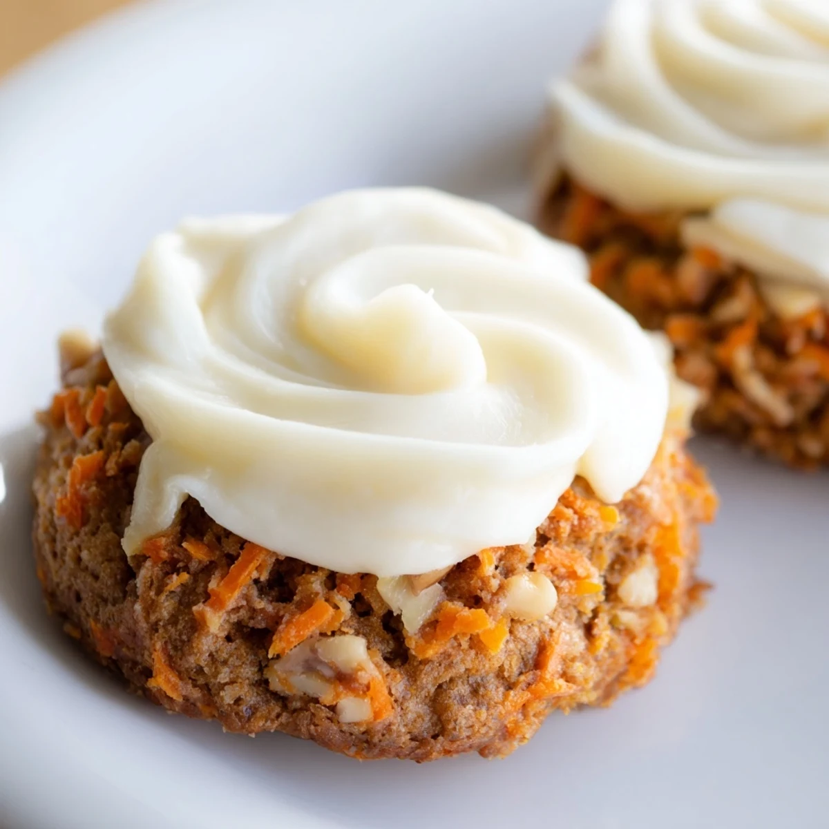 Soft Crumbl carrot cake cookies with thick cream cheese frosting on a rustic plate