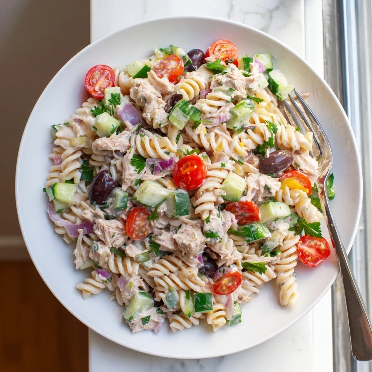 Creamy tuna pasta salad loaded with crisp vegetables and tender flaky tuna in bowl