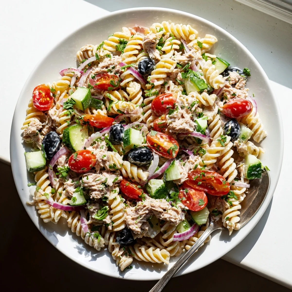 Tuna pasta salad featuring cherry tomatoes celery and creamy dressing perfect for summer picnics