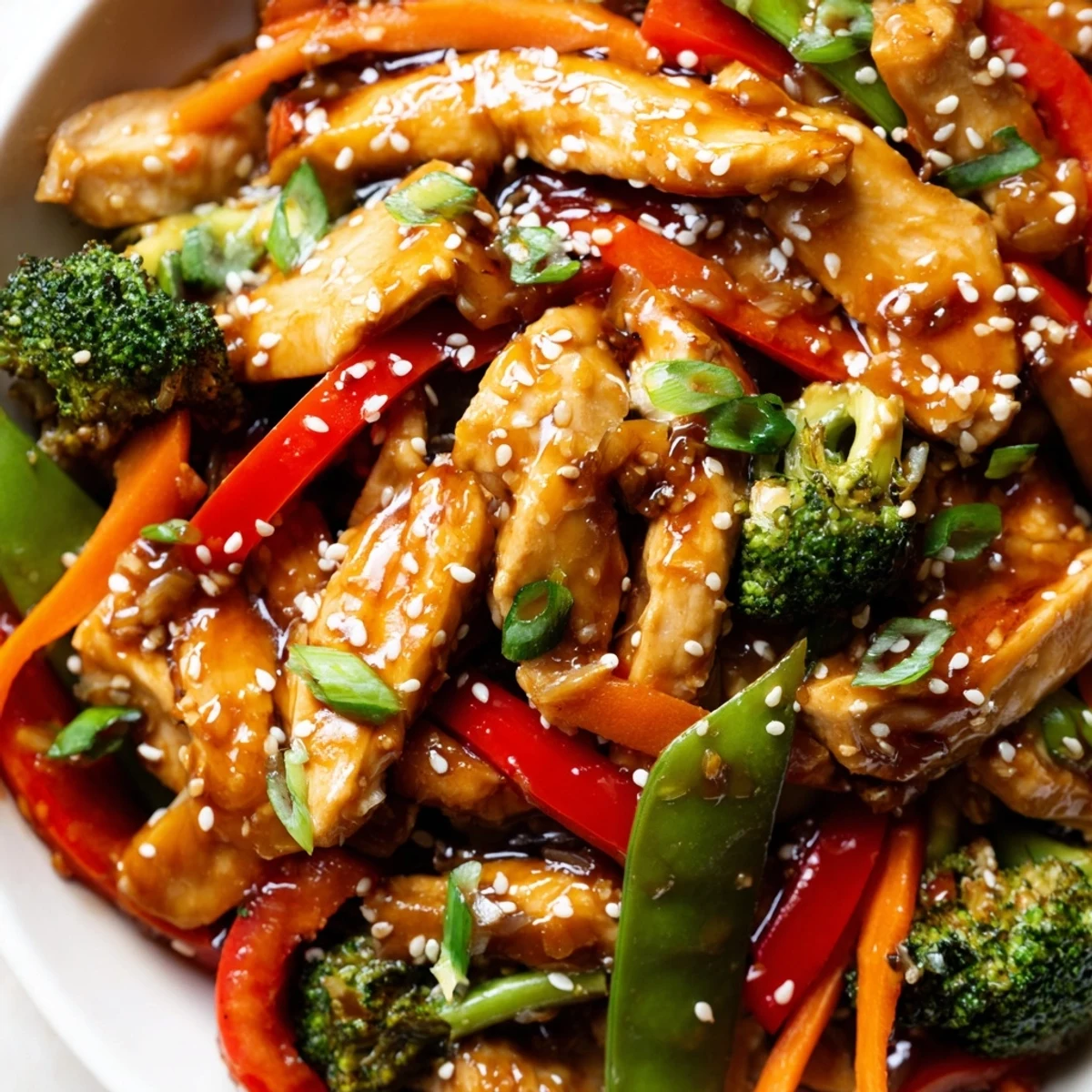 Sesame soy chicken stir fry with colorful vegetables in a glistening sauce on a white plate