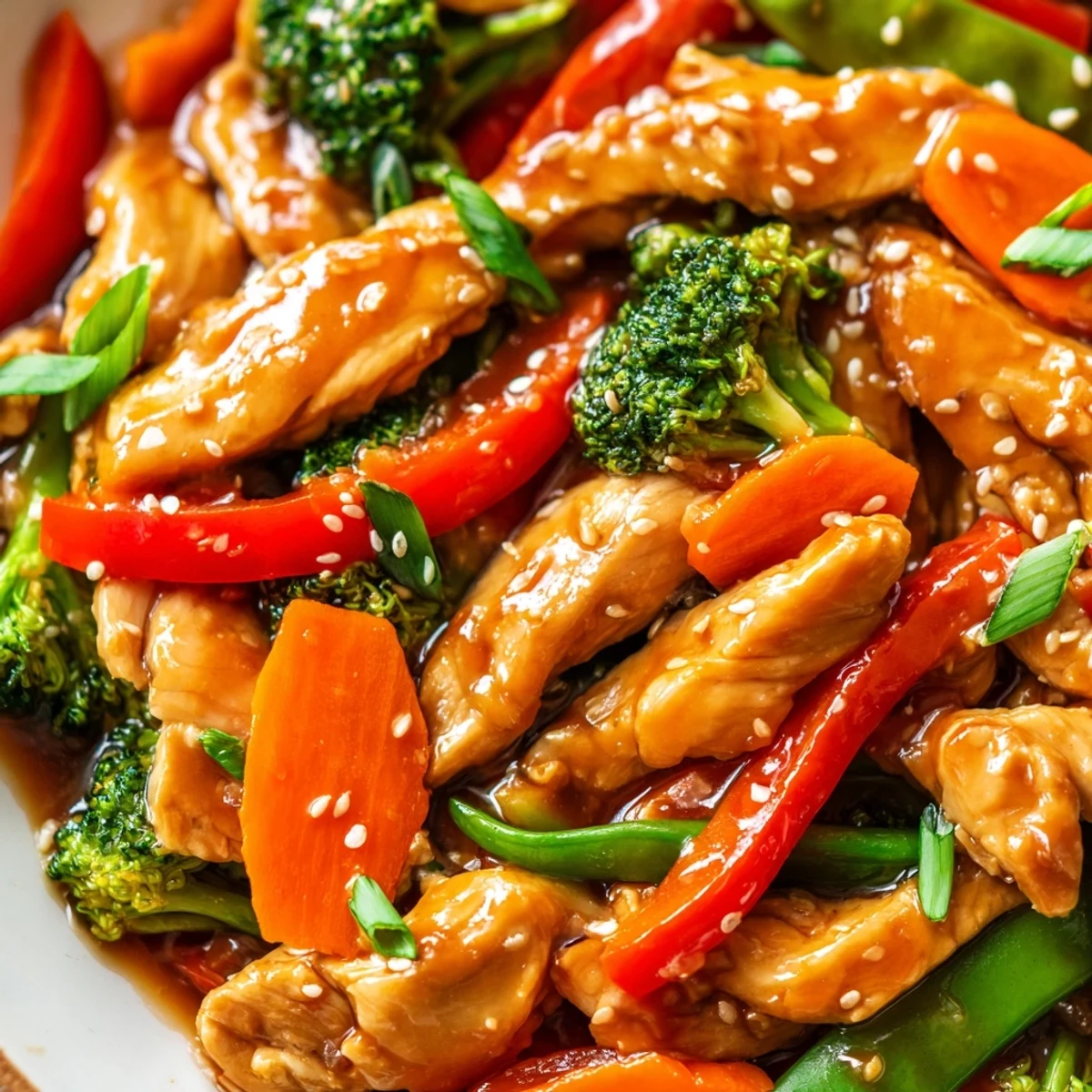 Tender sliced chicken and crisp veggies tossed in savory sesame soy stir fry sauce