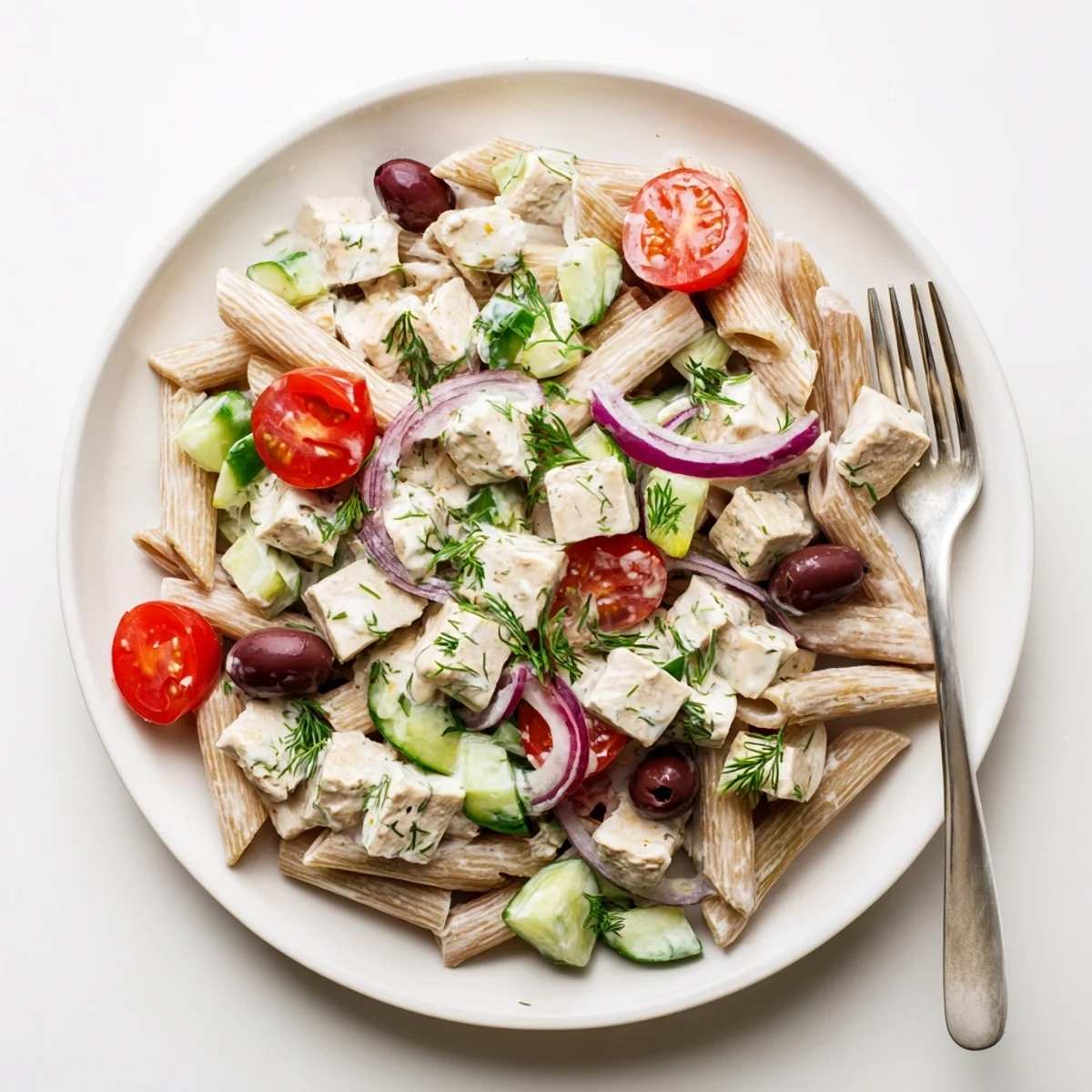 Colorful High Protein Greek Pasta Salad loaded with fresh vegetables, tender chicken, and creamy feta cheese