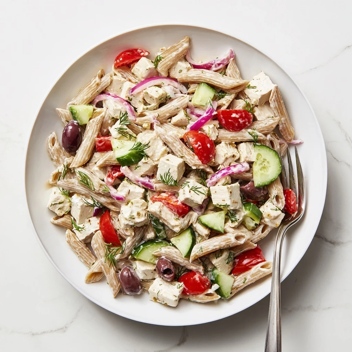 High Protein Greek Pasta Salad in a white bowl featuring cherry tomatoes, cucumber, and olives