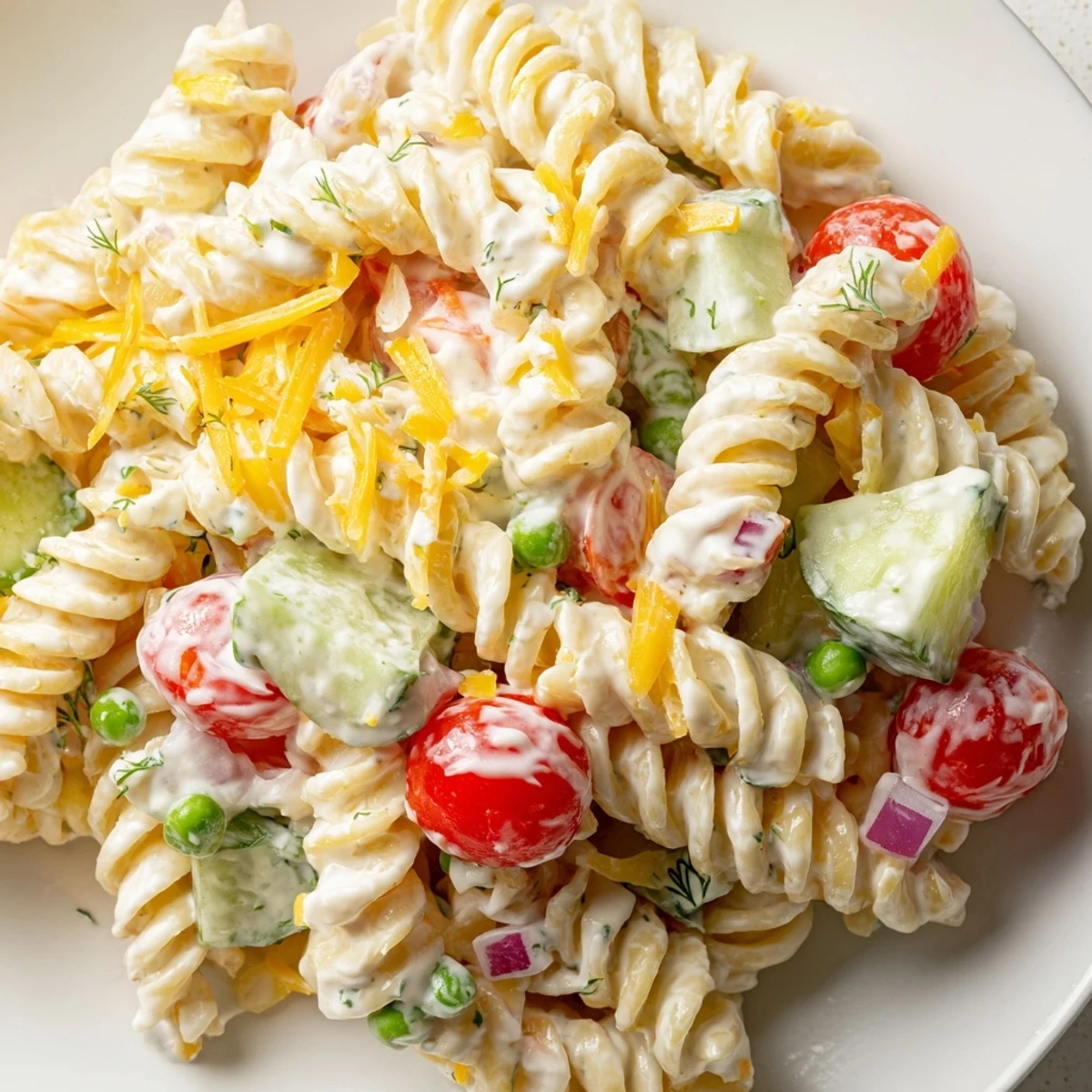 Creamy ranch pasta salad loaded with colorful crisp vegetables in a tangy homemade dressing